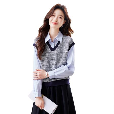 FA46829# 设计感拼接假两件衬衫女秋季新款宽松蓝衬衣 服裝批發女裝批發服飾貨源