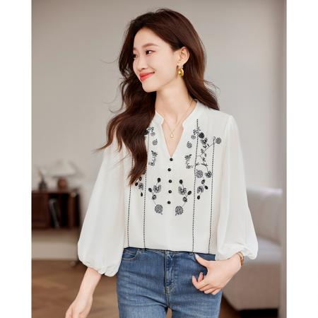 FA46830# 欧洲站秋法式重工刺绣雪纺衫上衣女灯笼袖薄款打底衫V领衬衣 服裝批發女裝批發服飾貨源