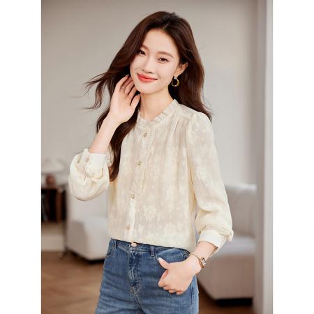 FA46831# 秋季新款女长袖荷叶边珠链立领气质蕾丝衫时尚直筒上衣 服裝批發女裝批發服飾貨源