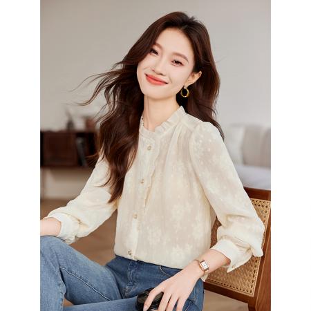 FA46831# 秋季新款女长袖荷叶边珠链立领气质蕾丝衫时尚直筒上衣 服裝批發女裝批發服飾貨源