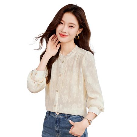 FA46831# 秋季新款女长袖荷叶边珠链立领气质蕾丝衫时尚直筒上衣 服裝批發女裝批發服飾貨源