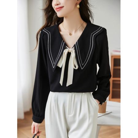 FA46833# 大码女装法式撞色气质V领小衫女秋季微胖MM梨型身材穿搭上衣 服裝批發女裝批發服飾貨源