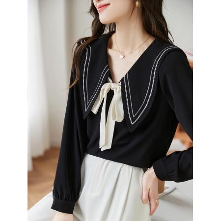 FA46833# 大码女装法式撞色气质V领小衫女秋季微胖MM梨型身材穿搭上衣 服裝批發女裝批發服飾貨源