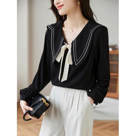 FA46833# 大码女装法式撞色气质V领小衫女秋季微胖MM梨型身材穿搭上衣 服裝批發女裝批發服飾貨源