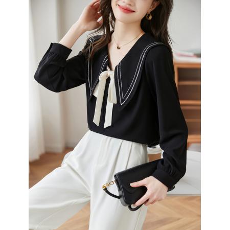 FA46833# 大码女装法式撞色气质V领小衫女秋季微胖MM梨型身材穿搭上衣 服裝批發女裝批發服飾貨源