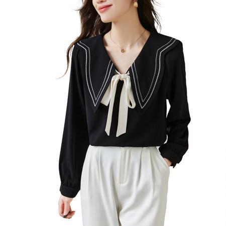 FA46833# 大码女装法式撞色气质V领小衫女秋季微胖MM梨型身材穿搭上衣 服裝批發女裝批發服飾貨源