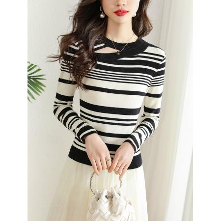 FA46834# 撞色条纹针织衫打底衫女秋季早秋装新款内搭上衣洋气显瘦小衫 服裝批發女裝批發服飾貨源
