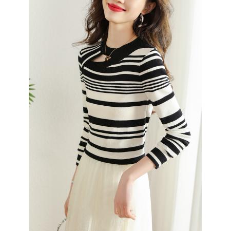 FA46834# 撞色条纹针织衫打底衫女秋季早秋装新款内搭上衣洋气显瘦小衫 服裝批發女裝批發服飾貨源