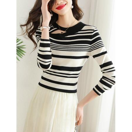 FA46834# 撞色条纹针织衫打底衫女秋季早秋装新款内搭上衣洋气显瘦小衫 服裝批發女裝批發服飾貨源