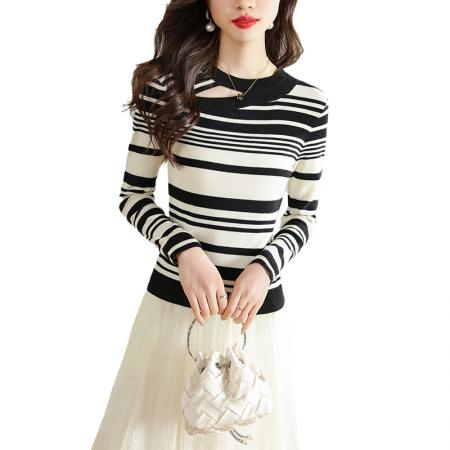 FA46834# 撞色条纹针织衫打底衫女秋季早秋装新款内搭上衣洋气显瘦小衫 服裝批發女裝批發服飾貨源