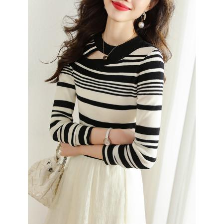 FA46834# 撞色条纹针织衫打底衫女秋季早秋装新款内搭上衣洋气显瘦小衫 服裝批發女裝批發服飾貨源
