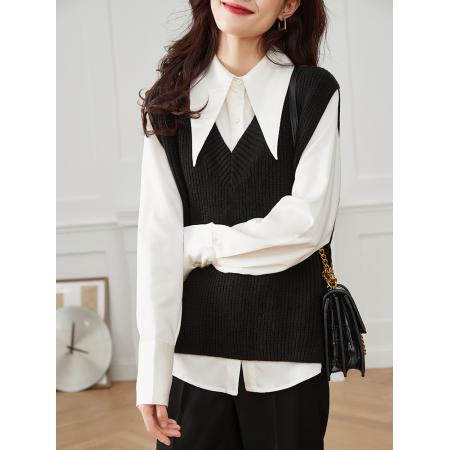 FA46835# 秋季新款两件套法式高级感衬衣女垂顺别致小众上衣白衬衫 服裝批發女裝批發服飾貨源