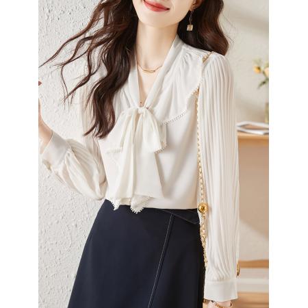 FA46837# 设计感小众飘带领衬衫女秋季新款衬衣荷叶边女士小上衣 服裝批發女裝批發服飾貨源