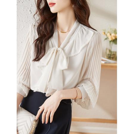 FA46837# 设计感小众飘带领衬衫女秋季新款衬衣荷叶边女士小上衣 服裝批發女裝批發服飾貨源