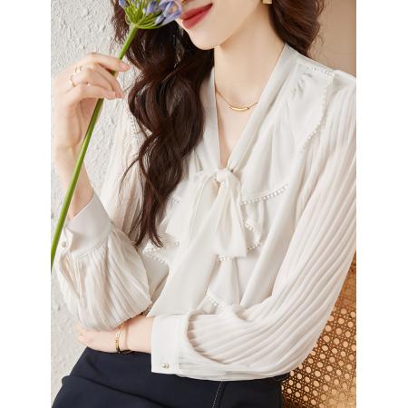 FA46837# 设计感小众飘带领衬衫女秋季新款衬衣荷叶边女士小上衣 服裝批發女裝批發服飾貨源