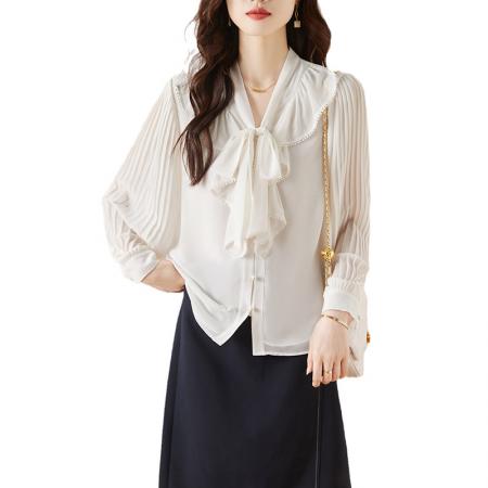 FA46837# 设计感小众飘带领衬衫女秋季新款衬衣荷叶边女士小上衣 服裝批發女裝批發服飾貨源