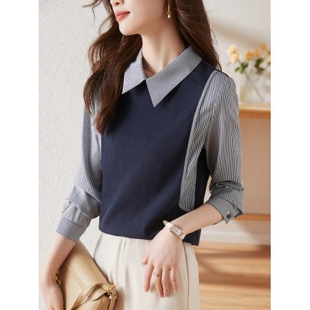 FA46838# 通勤衬衫领拼接假两件针织衫女秋季新款内搭长袖打底衫上衣 服裝批發女裝批發服飾貨源