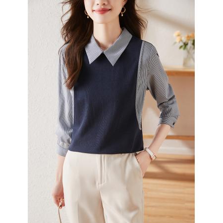 FA46838# 通勤衬衫领拼接假两件针织衫女秋季新款内搭长袖打底衫上衣 服裝批發女裝批發服飾貨源