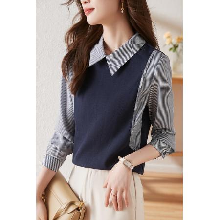 FA46838# 通勤衬衫领拼接假两件针织衫女秋季新款内搭长袖打底衫上衣 服裝批發女裝批發服飾貨源