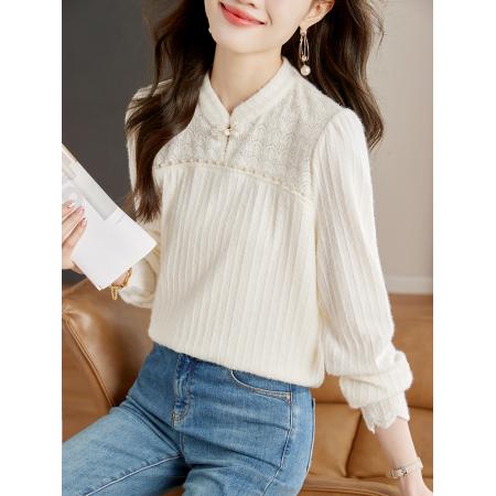 FA46839# 新中式上衣女秋季新款长袖蕾丝打底衫盘扣复古米白色衬衫 服裝批發女裝批發服飾貨源