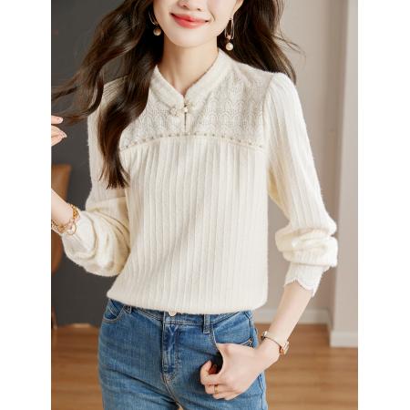 FA46839# 新中式上衣女秋季新款长袖蕾丝打底衫盘扣复古米白色衬衫 服裝批發女裝批發服飾貨源