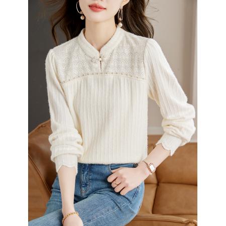FA46839# 新中式上衣女秋季新款长袖蕾丝打底衫盘扣复古米白色衬衫 服裝批發女裝批發服飾貨源