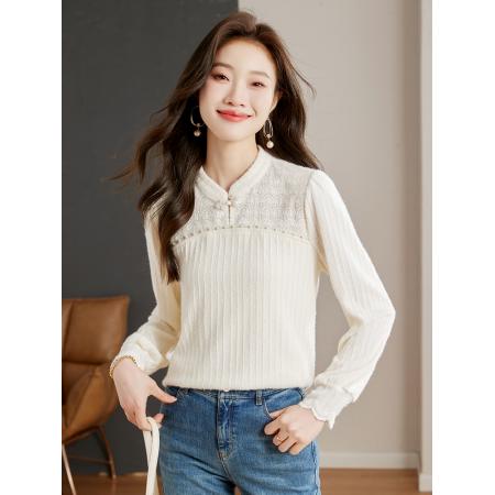 FA46839# 新中式上衣女秋季新款长袖蕾丝打底衫盘扣复古米白色衬衫 服裝批發女裝批發服飾貨源