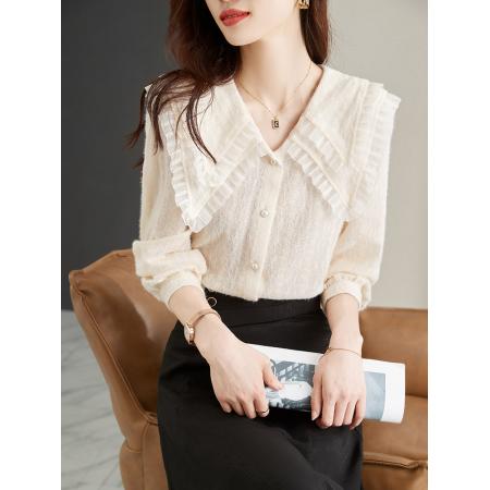 FA46840# 小香风蕾丝打底小衫女装秋季新款新款娃娃领雪纺衬衫上衣洋气 服裝批發女裝批發服飾貨源