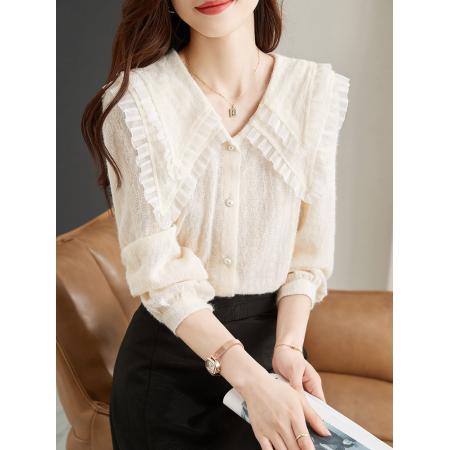 FA46840# 小香风蕾丝打底小衫女装秋季新款新款娃娃领雪纺衬衫上衣洋气 服裝批發女裝批發服飾貨源