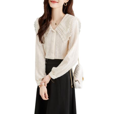 FA46840# 小香风蕾丝打底小衫女装秋季新款新款娃娃领雪纺衬衫上衣洋气 服裝批發女裝批發服飾貨源