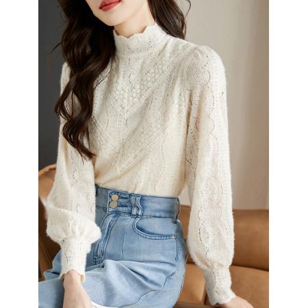 FA46841# 法式米杏色雪纺蕾丝衫女秋季新款淑女花边小立领上衣 服裝批發女裝批發服飾貨源