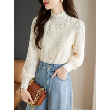 FA46841# 法式米杏色雪纺蕾丝衫女秋季新款淑女花边小立领上衣 服裝批發女裝批發服飾貨源