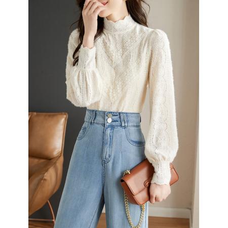 FA46841# 法式米杏色雪纺蕾丝衫女秋季新款淑女花边小立领上衣 服裝批發女裝批發服飾貨源