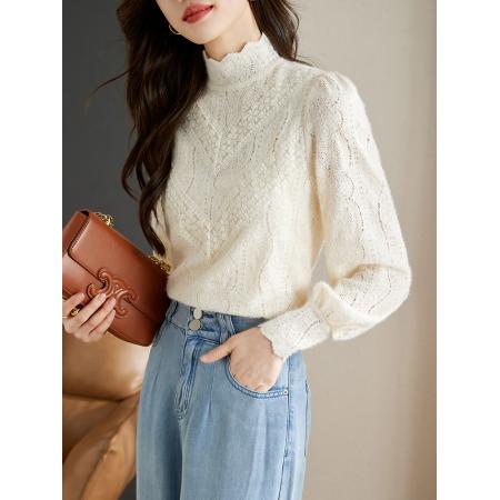 FA46841# 法式米杏色雪纺蕾丝衫女秋季新款淑女花边小立领上衣 服裝批發女裝批發服飾貨源