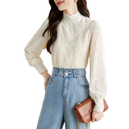 FA46841# 法式米杏色雪纺蕾丝衫女秋季新款淑女花边小立领上衣 服裝批發女裝批發服飾貨源