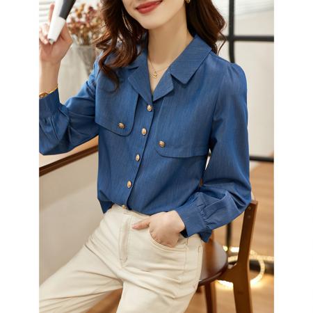 FA46842# 法式蓝色牛仔衬衫女秋装新款港味复古衬衣气质宫廷风高端小衫上衣 服裝批發女裝批發服飾貨源