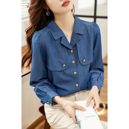 FA46842# 法式蓝色牛仔衬衫女秋装新款港味复古衬衣气质宫廷风高端小衫上衣 服裝批發女裝批發服飾貨源