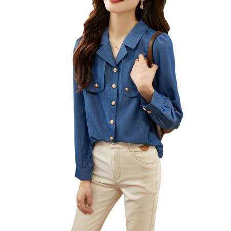 FA46842# 法式蓝色牛仔衬衫女秋装新款港味复古衬衣气质宫廷风高端小衫上衣 服裝批發女裝批發服飾貨源