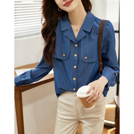 FA46842# 法式蓝色牛仔衬衫女秋装新款港味复古衬衣气质宫廷风高端小衫上衣 服裝批發女裝批發服飾貨源