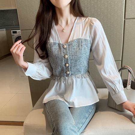 FA46845# 雪纺衬衫女装秋装新款潮收腰上衣气质高档小衫女洋气衬衣春 服裝批發女裝批發服飾貨源