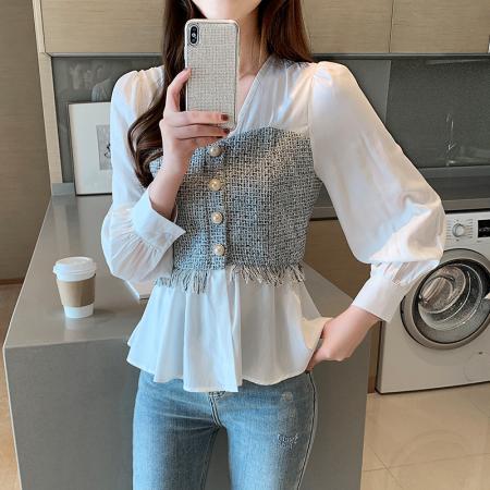 FA46845# 雪纺衬衫女装秋装新款潮收腰上衣气质高档小衫女洋气衬衣春 服裝批發女裝批發服飾貨源