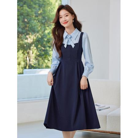 FA46847# 秋季教资面试复试学院风连衣裙假两件长袖长裙子 服裝批發女裝批發服飾貨源