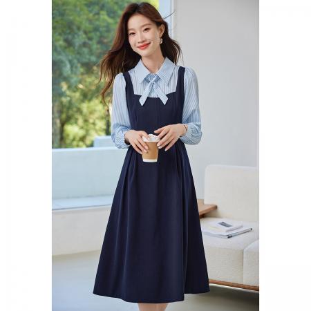 FA46847# 秋季教资面试复试学院风连衣裙假两件长袖长裙子 服裝批發女裝批發服飾貨源