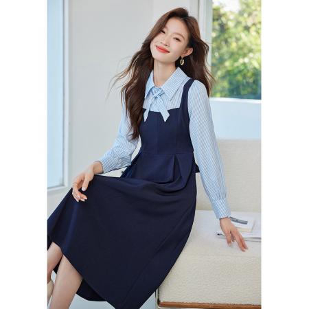 FA46847# 秋季教资面试复试学院风连衣裙假两件长袖长裙子 服裝批發女裝批發服飾貨源