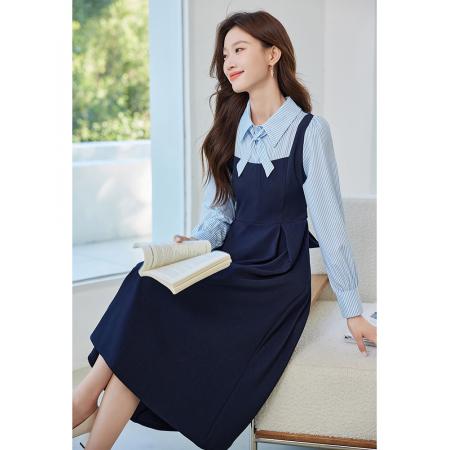 FA46847# 秋季教资面试复试学院风连衣裙假两件长袖长裙子 服裝批發女裝批發服飾貨源