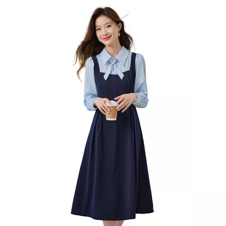 FA46847# 秋季教资面试复试学院风连衣裙假两件长袖长裙子 服裝批發女裝批發服飾貨源