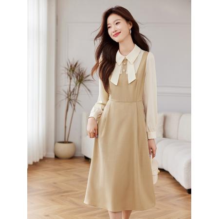 FA46848# 秋季新款法式风翻领高腰拼接连衣裙女长袖中长款A字裙 服裝批發女裝批發服飾貨源