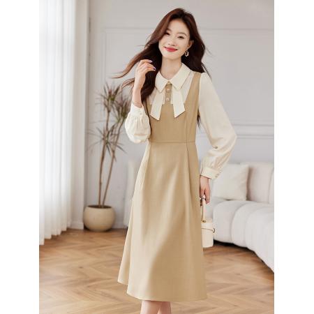 FA46848# 秋季新款法式风翻领高腰拼接连衣裙女长袖中长款A字裙 服裝批發女裝批發服飾貨源