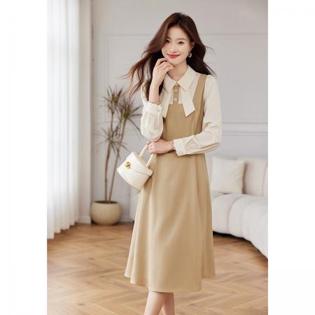 FA46848# 秋季新款法式风翻领高腰拼接连衣裙女长袖中长款A字裙 服裝批發女裝批發服飾貨源