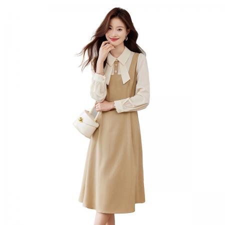 FA46848# 秋季新款法式风翻领高腰拼接连衣裙女长袖中长款A字裙 服裝批發女裝批發服飾貨源